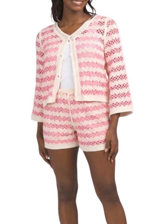 Solitaire Pants - Solitaire Pink Cream Crochet Knit Cardi & Shorts Set Boho Beach Sz L